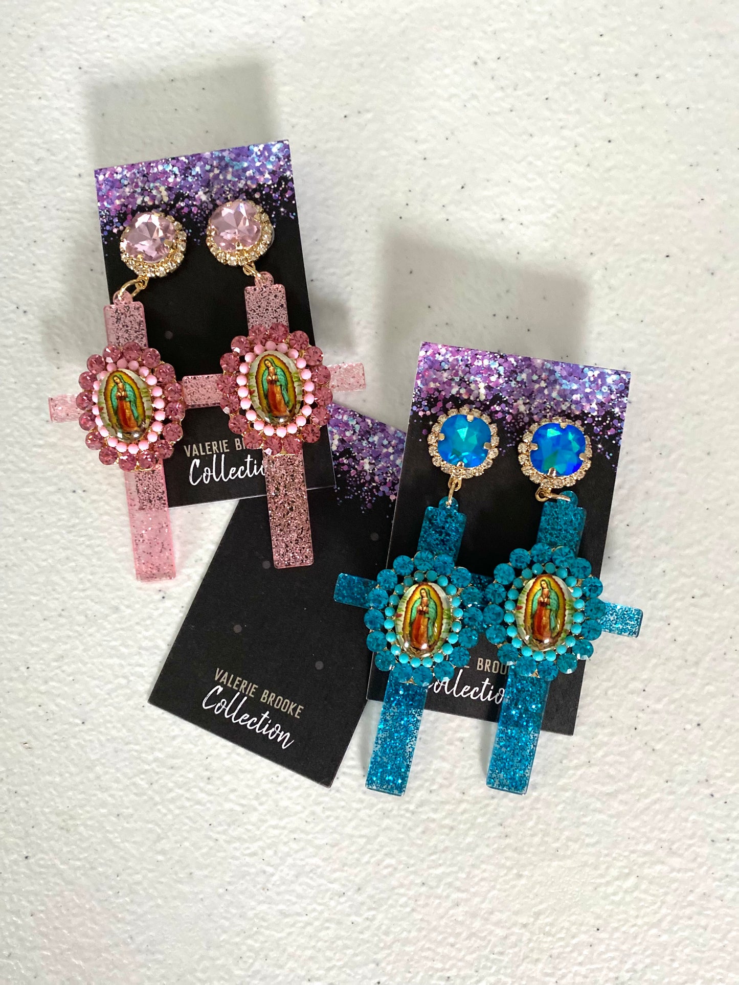 Virgen de Guadalupe Sparkly Cross Earrings (PINK)