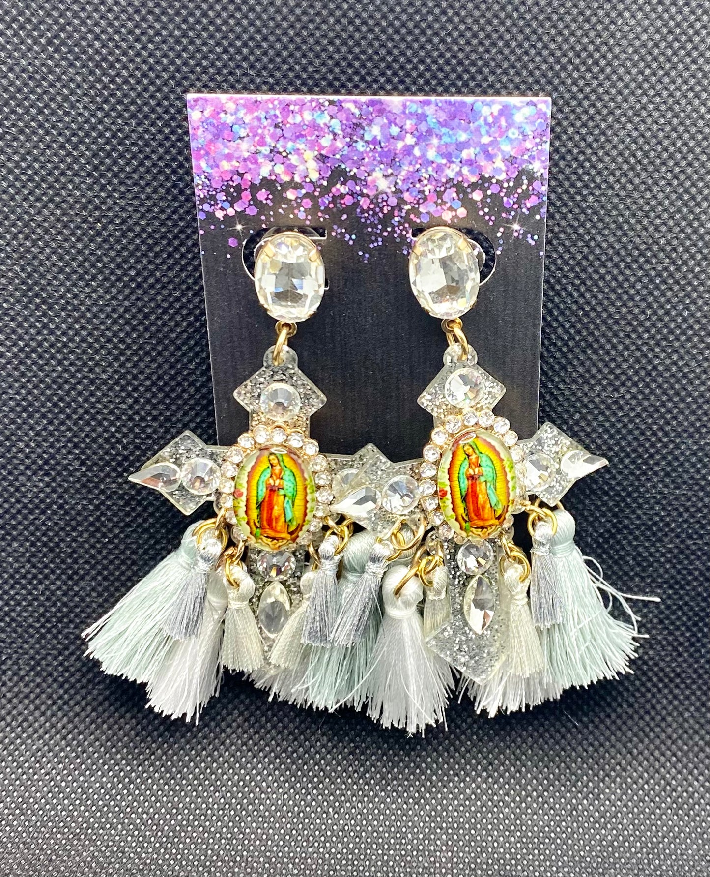 Virgen de Guadalupe Cross/PomPom Earrings