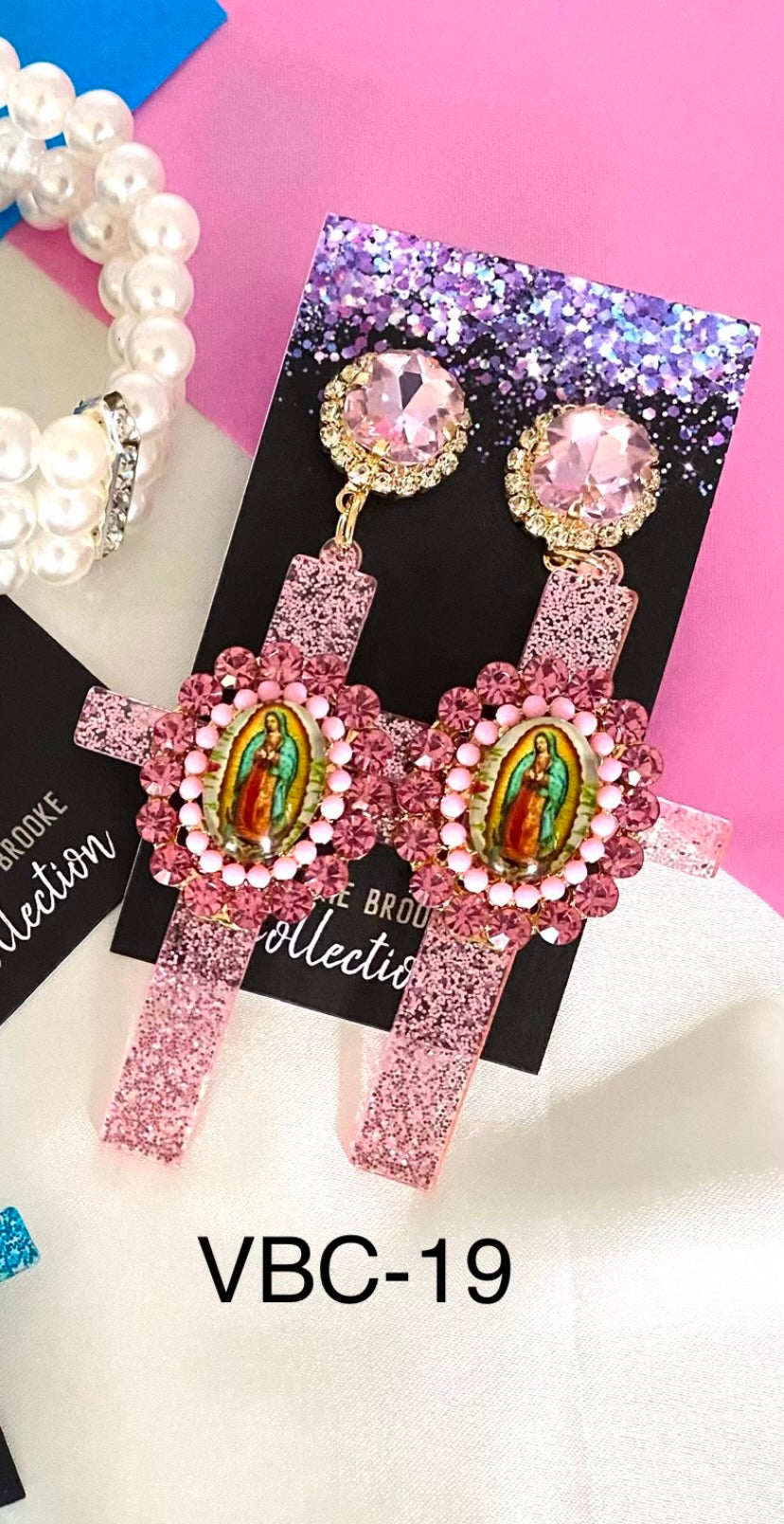 Virgen de Guadalupe Sparkly Cross Earrings (PINK)