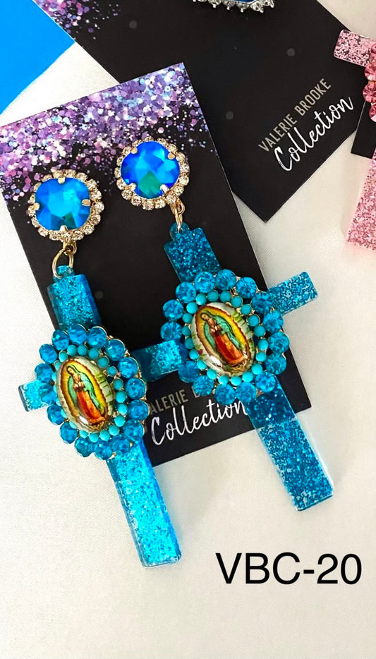 Virgen de Guadalupe Sparkly Cross Earrings (BLUE)